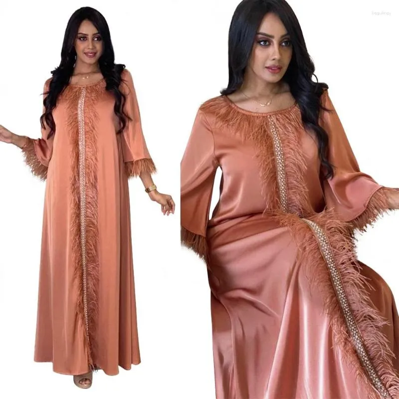 Ethnic Clothing Muslim Middle Eastern Dubai Long Dress Vestios Saudi Arabia Feather Diamonds Full Sleeves Elegant Robe Abaya Satin Gowns