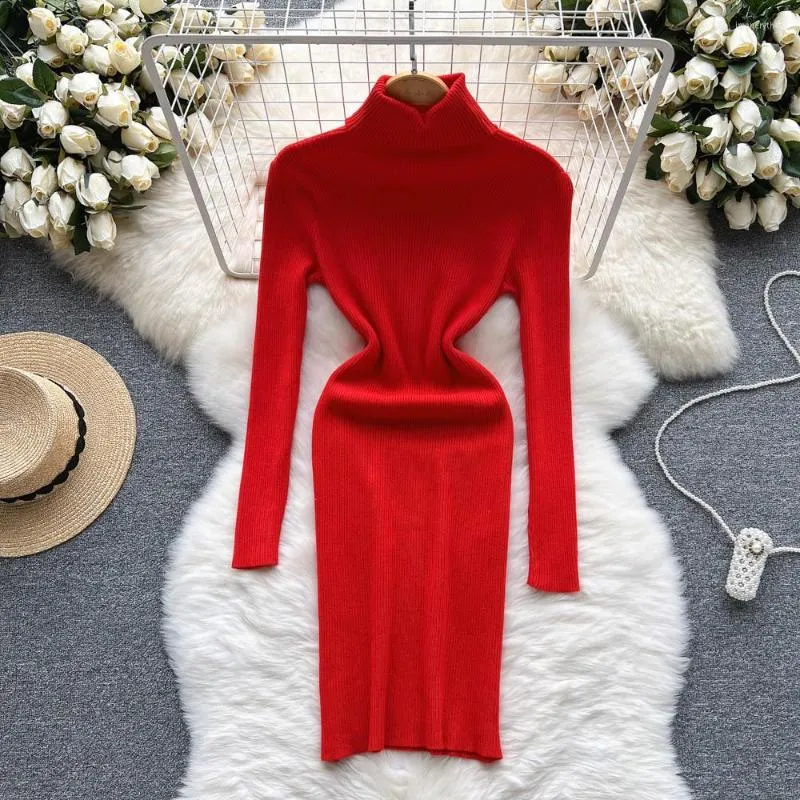 Casual Dresses Chic Elegant Rollkragen Langarm Basic, figurbetontes Kleid Sexy Französische Mode Gestrickte Vestidos Frauen Slim Bleistiftpullover Ins