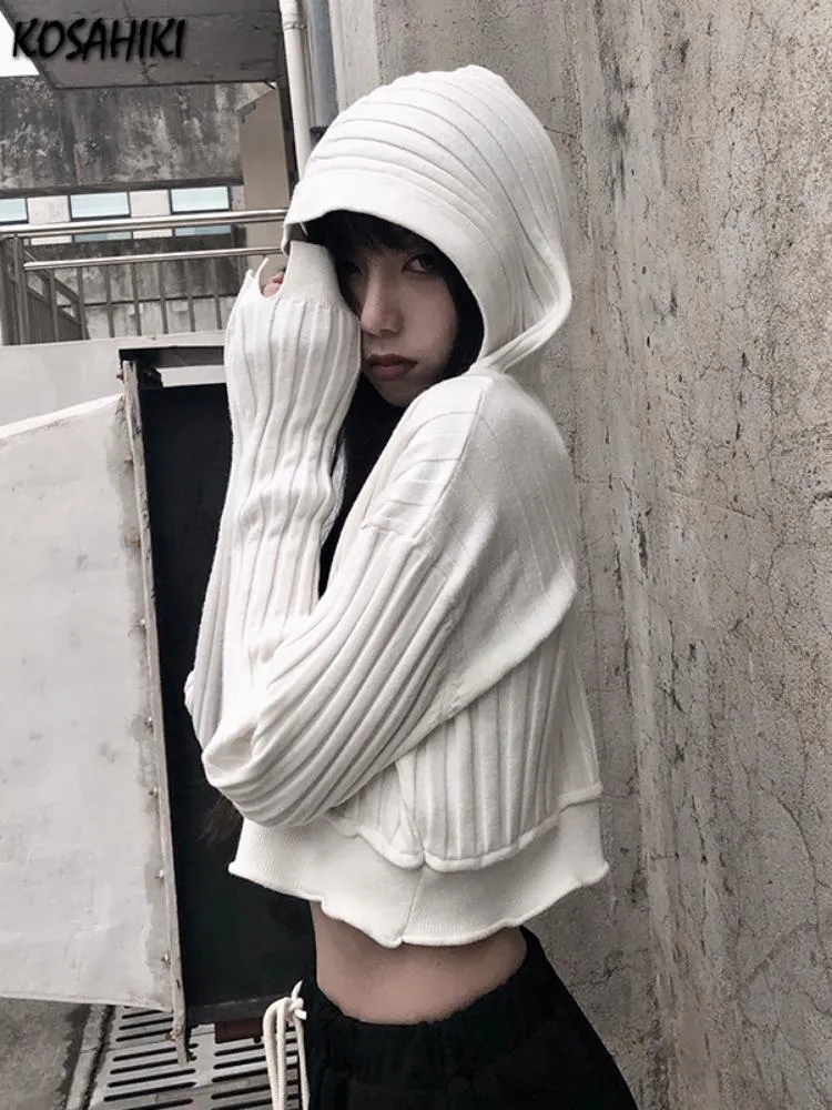 Coats Kosahiki Haruku Black White Sweater Cropped Cardigan Women Korean Fashion Streetwear Jumper Female Autumn Hoody Knitted Top