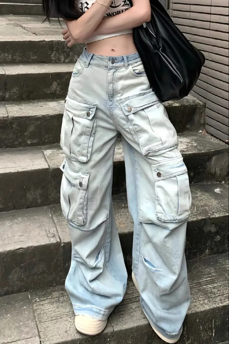 Gonne 2023 Y2K Pantaloni a gamba larga americani con jeans a vita alta stile multi-tasche hip hop femminile Gothic Joker street wear 230711