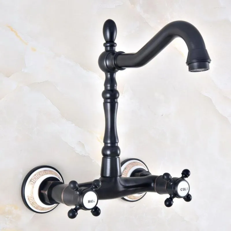 Rubinetti per lavabo da bagno Doppia maniglia Doppio foro Montaggio a parete Rubinetto per lavabo Bronzo lucidato a olio Cucina Vanity Rubinetti per acqua fredda Dnf456