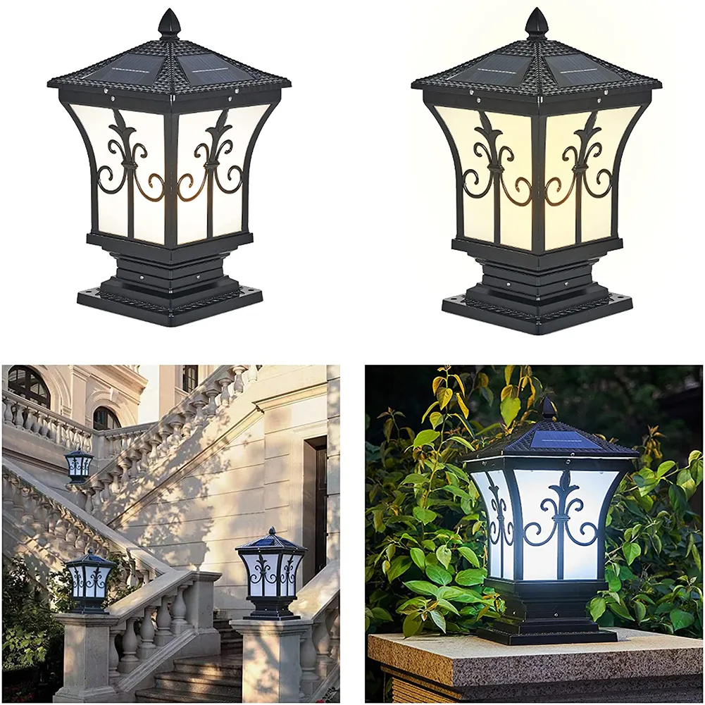 LED Pilastro Solare Telecomando Retro Lanterna Impermeabile Portico Esterno Colonna Lampada Luce Notturna Decorazione Recinzione Giardino