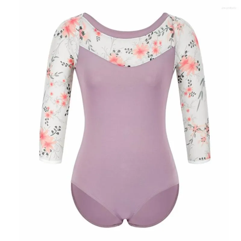 Vêtements de scène Ballet justaucorps adulte danse pour les femmes gymnastique Lng manches ballerine Dancewear Floral maille body