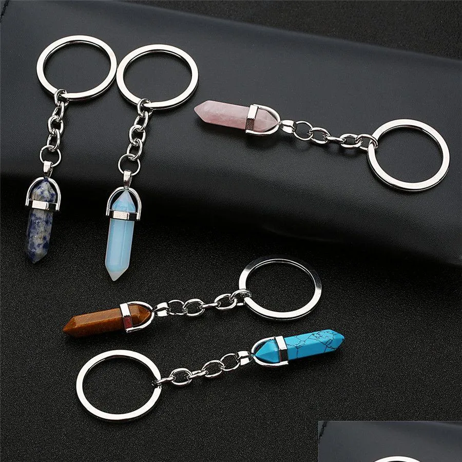 Key Rings Natural Stone Ring Healing Hexagonal Pointed Reiki Chakra Gem Crystal Pendant Keychain For Women Girls Drop Delivery Jewelr Dhdh5