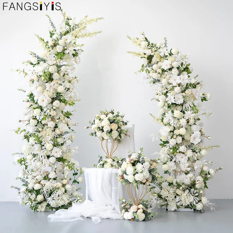 Gedroogde Bloemen Witte Bloem Rij Arrangement Met Hoorn Boog Bruiloft Achtergrond Decor Kunstmatige Bloemen Muur Party Tafel Etalage 230711