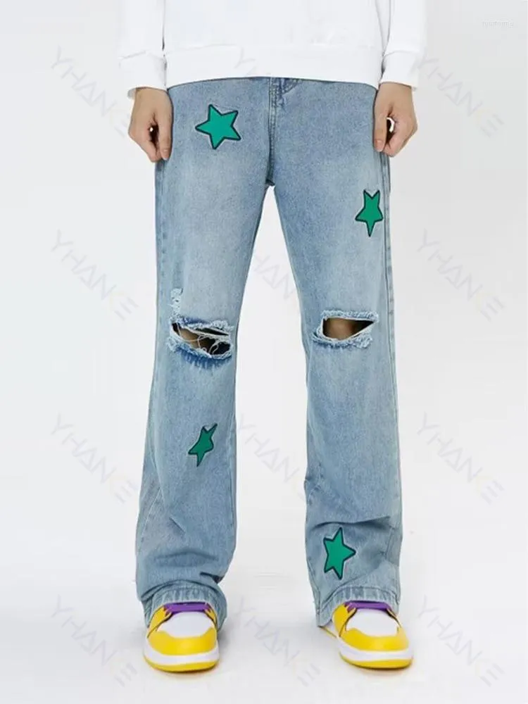 Heren jeans mode brief star borduurwerk baggy hip hip hop broek gescheurd gat rechte vintage denim broek pantalon homme