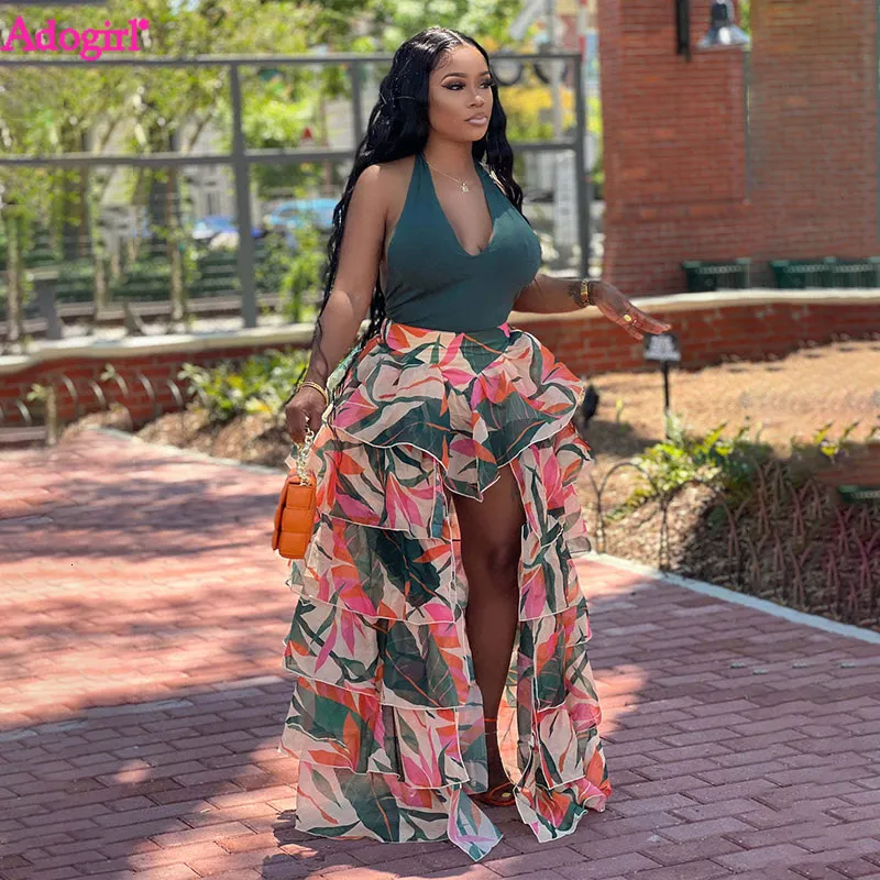 DHgate Womens Floral Leaf Print Chiffon Maxi Skirt Casual Hi lo Asymmetrical Beachwear Apparel