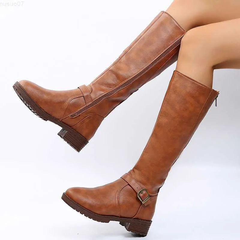 Botas Femininas Botas Compridas Retas de Couro Bota Cavaleiro Vintage Salto Quadrado Bota Cano Alto com Fivela Zíper Estilo Britânico Inverno Sapatos Femininos L230711