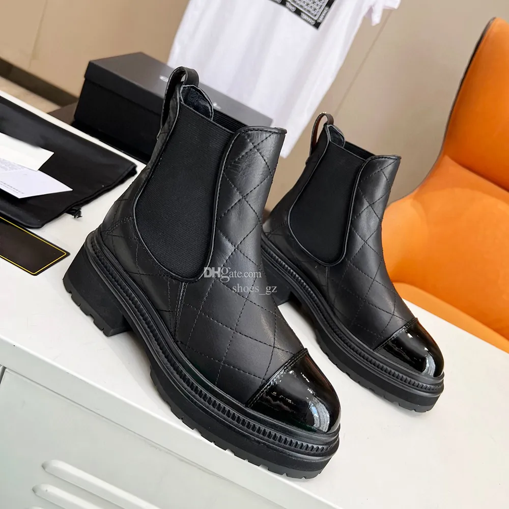 New lattice leather Ankle Chelsea Boots platform slip-on round Flat booties chunky half boot luxury designer High top shoes for women Thick heeled Knight Boots