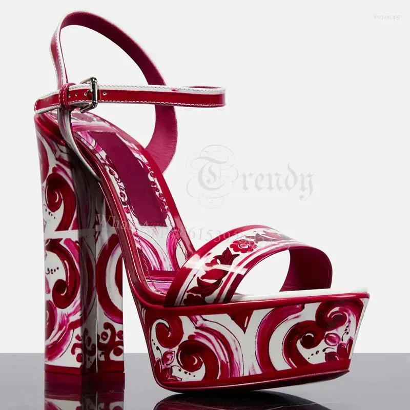 Sandals Rose Red Platform Block Heel Women Floral Graffiti High Heels Round Toe Ankle Buckle Straps Totem Party Dress Shoes