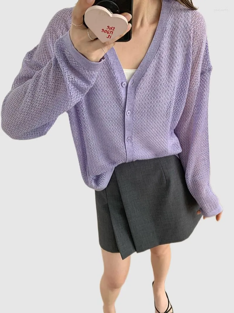 Cardigan lavorato a maglia a maniche lunghe in maglia a maniche lunghe da donna Top 2023 Maglione allentato semitrasparente con scollo a V solido femminile estivo di grandi dimensioni