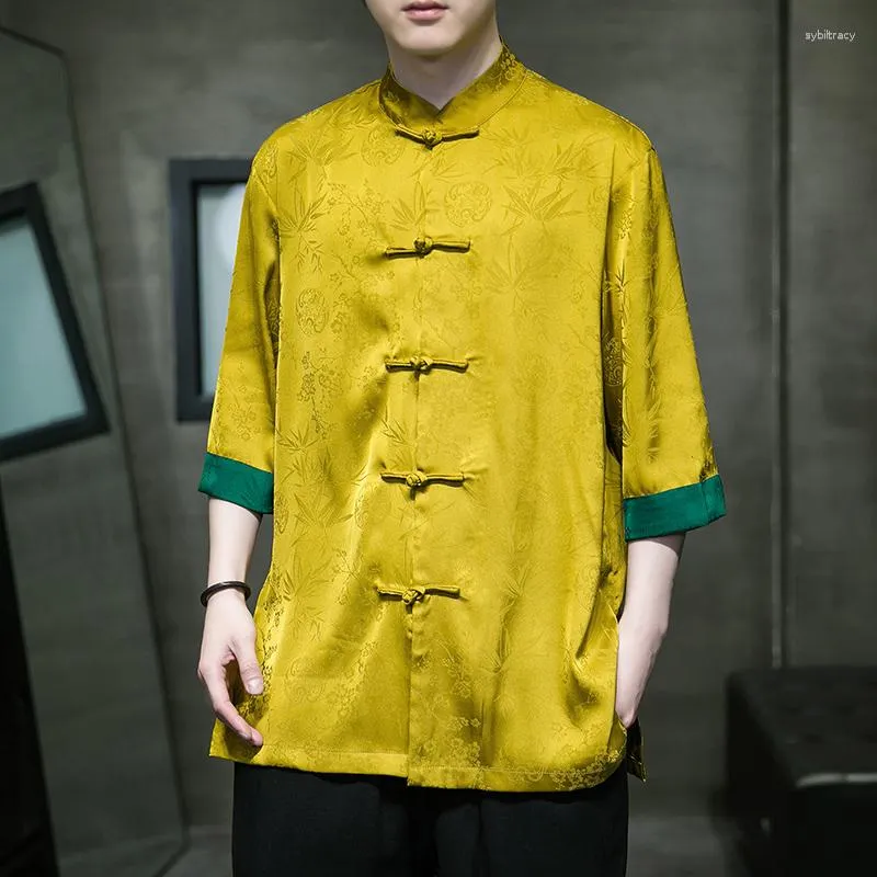 Camisas casuais masculinas Camisa de verão estilo chinês marca retrô macio cetim padrão escuro botão Jacquard terno Tang Hanfu