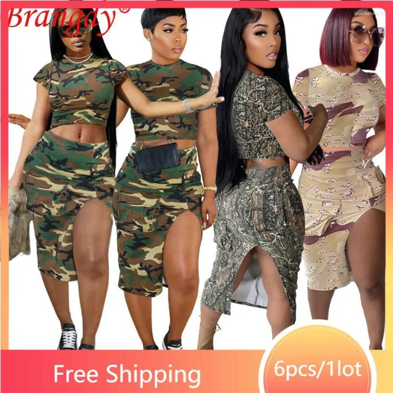 Robes de travail 6 ensembles Articles en vrac Lots en gros Jupe Costumes Deux pièces Robe Ensembles Camouflage Imprimer Crop Top Split Survêtement B11089