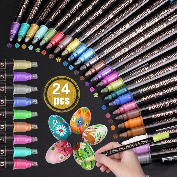 10-Color Metallic Marker Pens Set - Dual Tip (Fine & Brush) For Rock Painting, Ceramics, Black Paper & Crafts