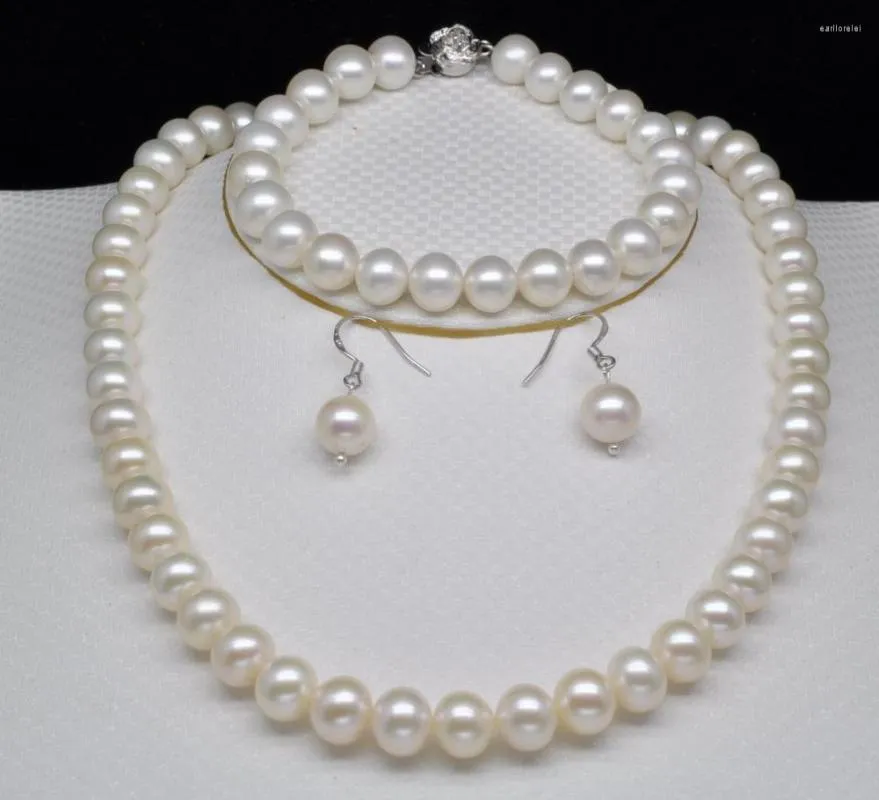 Halskette Ohrringe Set Charm Jew.656 Weiße 9–10 mm runde Perlenkette, Armband, Ohrringe