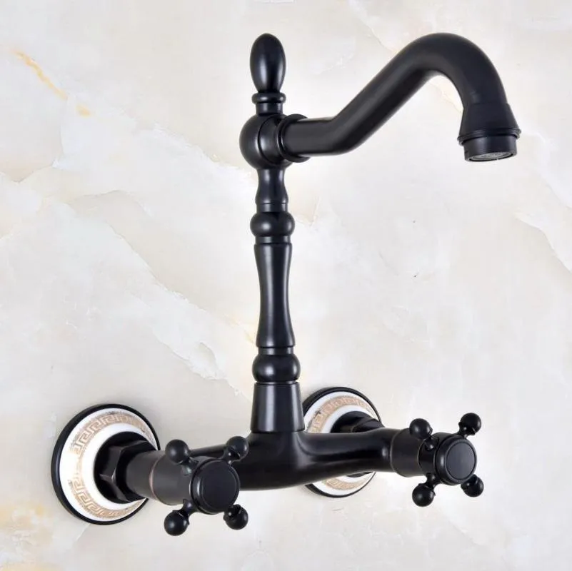 Rubinetti per lavabo da bagno Doppia maniglia Doppio foro Montaggio a parete Rubinetto per lavabo Bronzo lucidato a olio Cucina Vanity Rubinetti per acqua fredda Dnf873