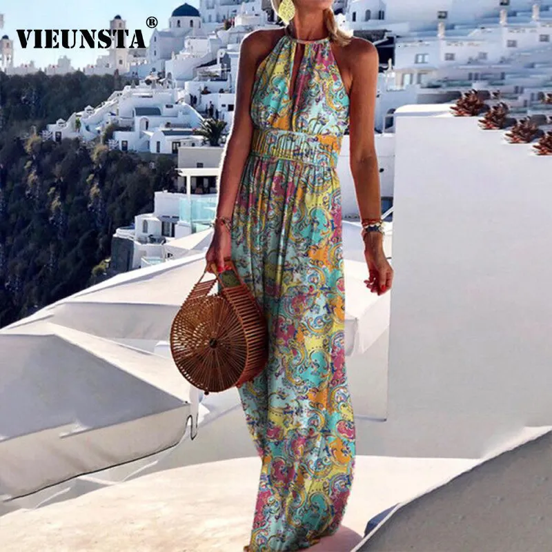 Basic Casual Jurken Zomer Boho Bloemenprint Lange Feestjurk Vrouwen Elegante Halter Mouwloze Maxi Jurk Lente Backless Hollow Out Jurken 2XL 230710