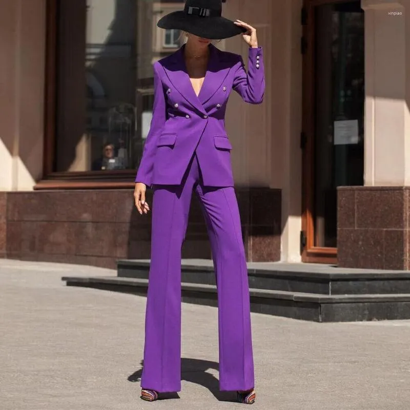 Pantalon deux pièces pour femme violet élégant costume pour femme ensembles 2 pièces veste à double boutonnage avec jambe large Slim ajusté manteau dame affaires tailleur-pantalon
