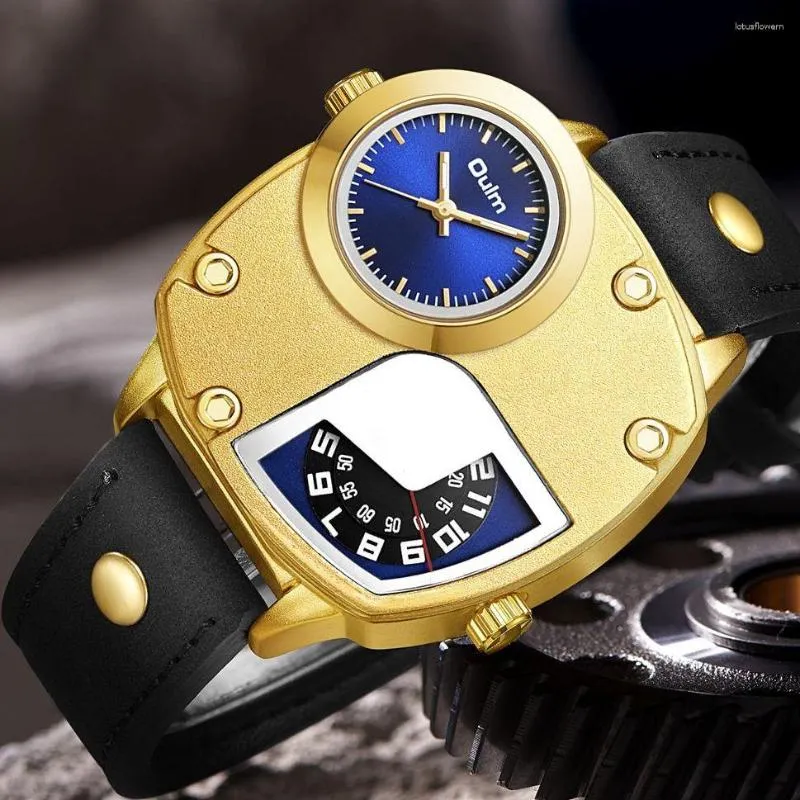 腕時計 Oulm 5195 メンズミリタリーウォッチユニークな 2 タイムゾーンレザーストラップ腕時計高級男性クォーツ時計レロジオ Masculino