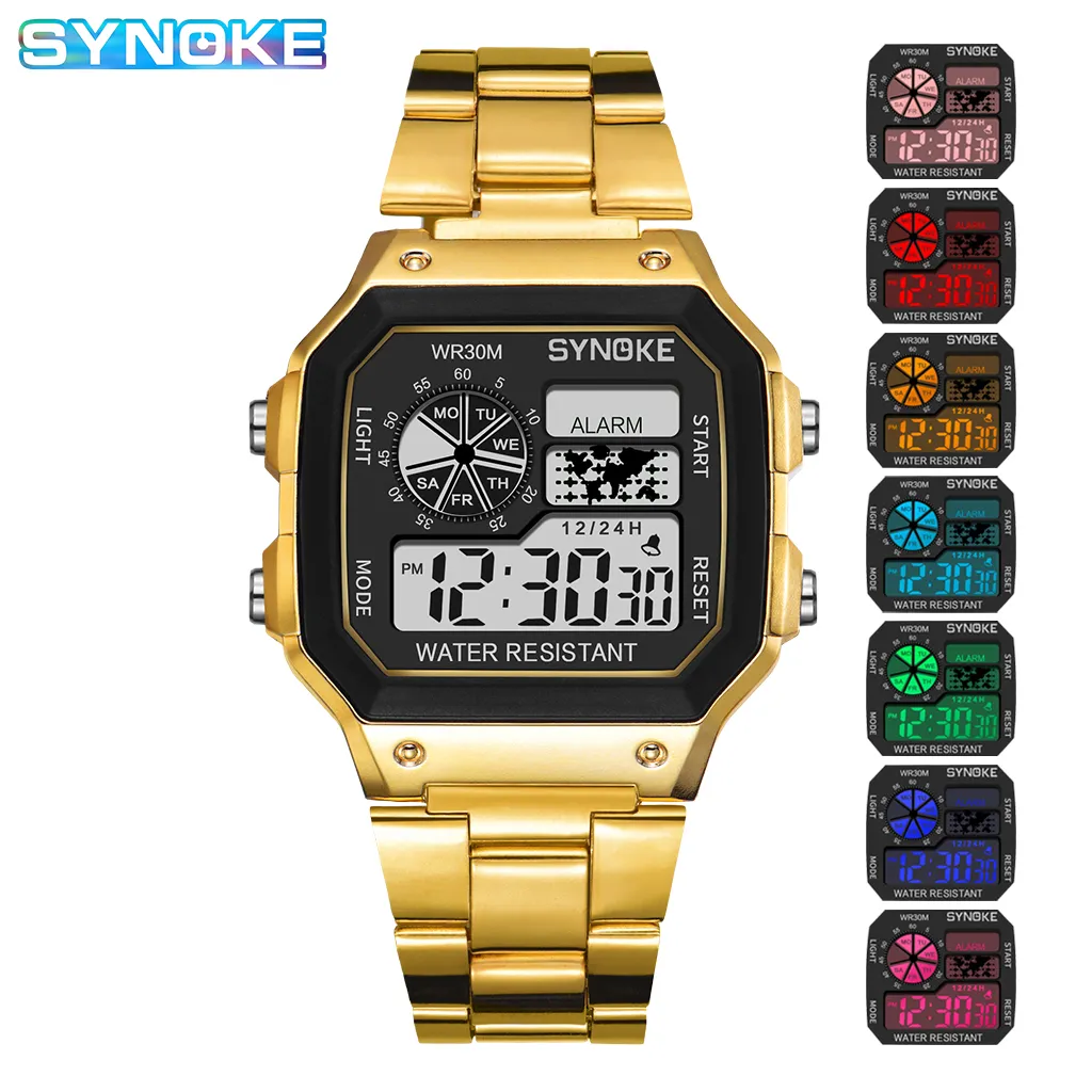 Relógio Digital SYNOKE Estudante Masculino Colorido Luminoso LED Aço Inoxidável Multifuncional Relógio Eletrônico Moda Prata Dourado