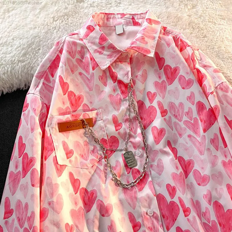 Camicette da donna American Vintage Pink Love Pattern Camicia per donna Anni '80 Anni '90 Coreano Allentato Oversize Manica lunga Harajuku Sottile Moda Top