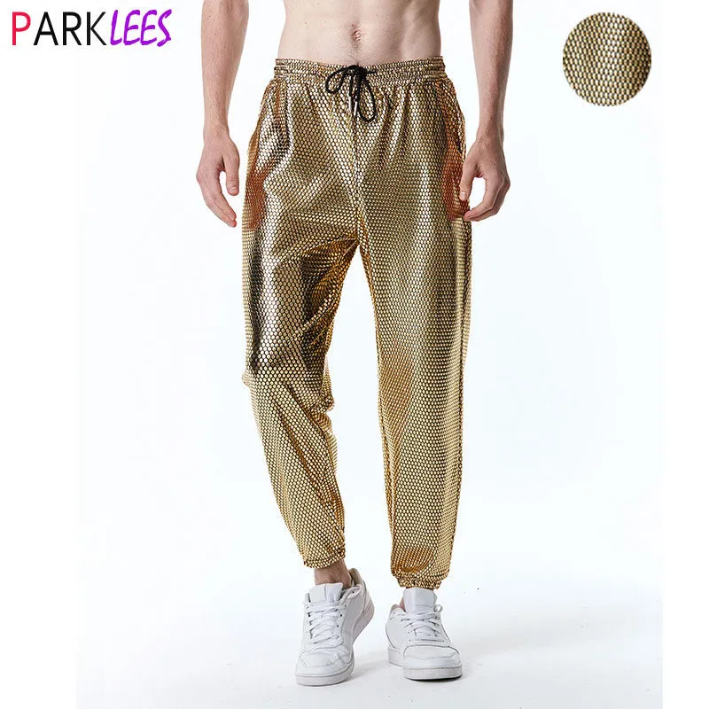 Мужские брюки мужские металлические блестящие золотые рыбные чешуи бегун