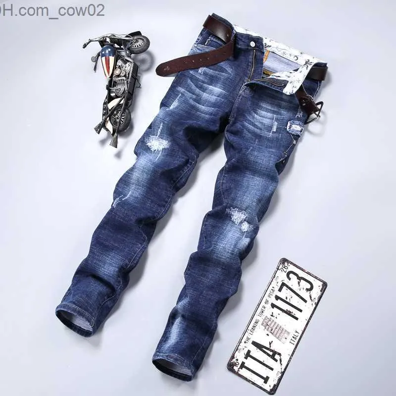 Herrjeans Herrbyxor jeans gatukläder trasiga jeansbyxor trendmärken casual solida cyklar slitna bantning hög kvalitet Z230711