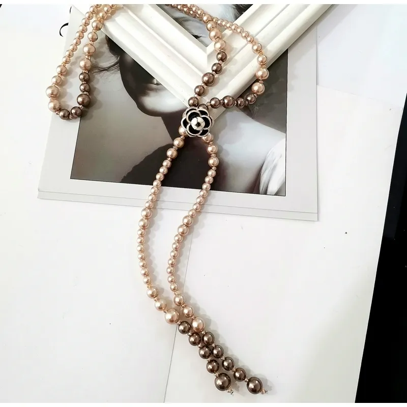 Strands Strings DIY Long Simulated Pearl Necklace For Women Camellia pendant long necklace Party jewelry 230710