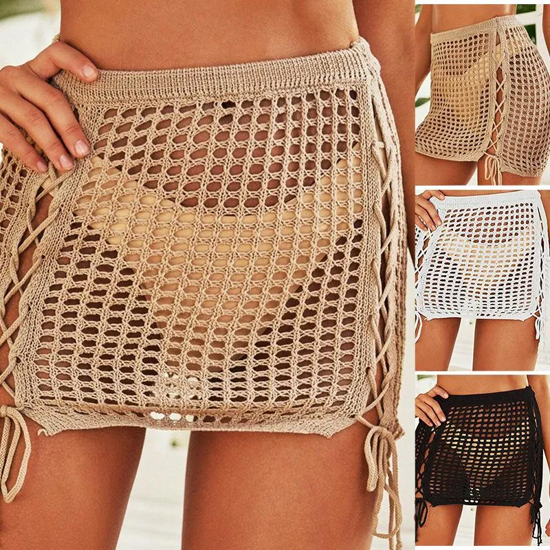 Spódnice Spódnica z dzianiny damska Sexy Hollow Out Sznurek Mini Mesh Bikini na plażę Cover Women Beachwear Lace Up