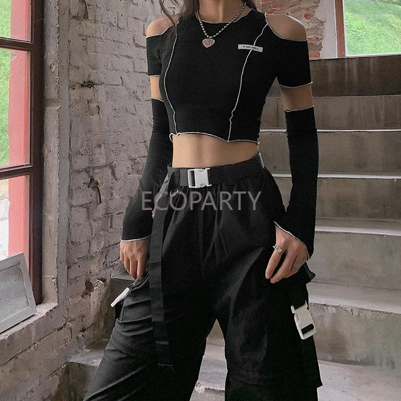 Women's T Shirts Patchwork Black T-shirts Gothic One Shoulder Sleeve Y2k Crop Tops Ruffles Hem Hip Hop Techwear Women Tees My Body Choice