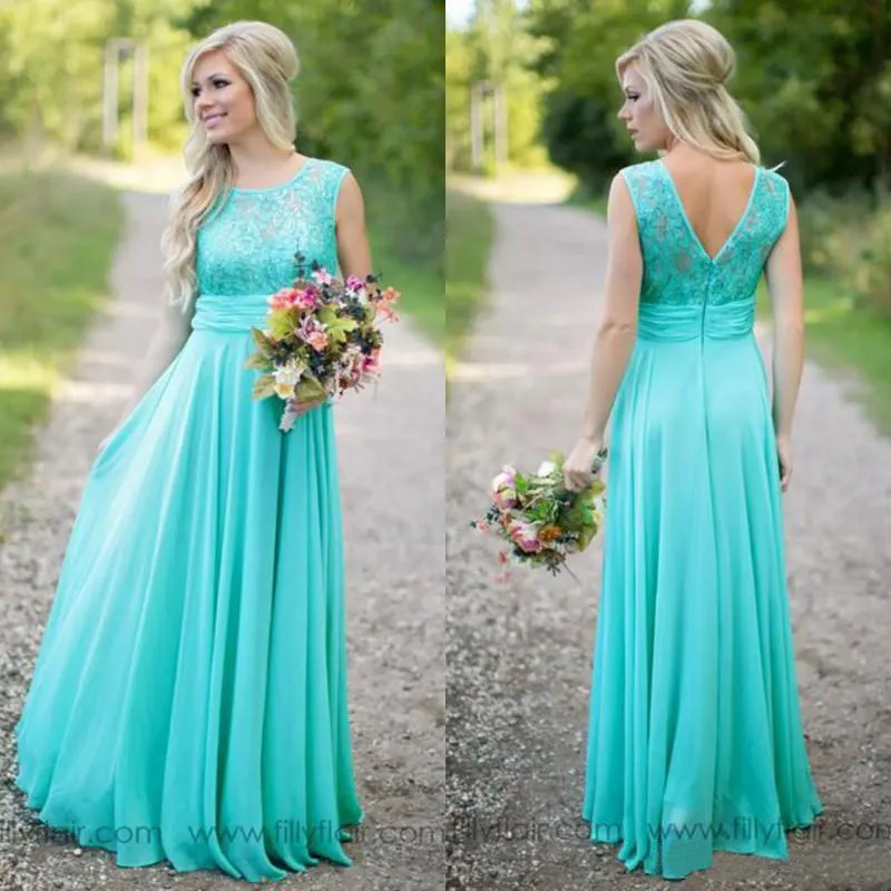 2023 Nieuwe Teal Country Bruidsmeisjesjurken Scoop A Line Chiffon Kant V Backless Bruidsmeisje Jurken voor Bruiloft Gast Jurk Lange Formele Feestavond Galajurk