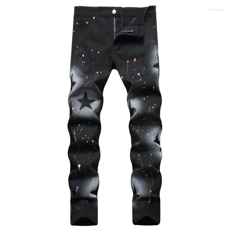 Herren Jeans für Männer Slim Fit Drawn Skinny Denim Hosen Design Black Star Painted Street Hip Hop Lange Hosen Harajuku Kleidung