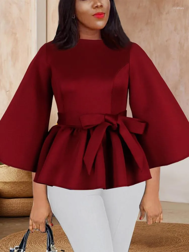 Vrouwen Blouses Vrouwen Tops Shirts Lange Flare Mouwen Peplum O Hals Met Taille Riem Elegante Herfst 2023 Mode Bluas afrikaanse Vrouwelijke