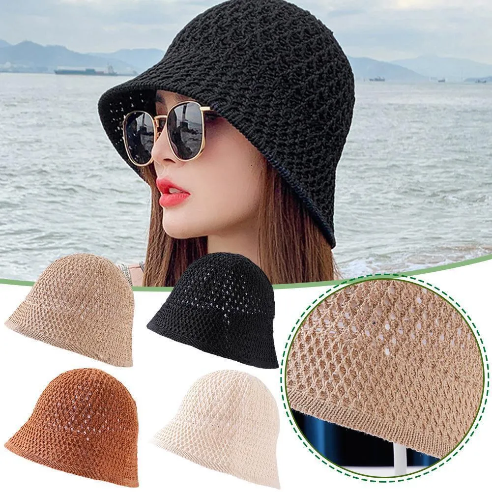 Chapéus Stingy Brim Feitos à Mão Crochê Floppy Top Verão Dome Dobrável Bucket Hat Oco Cor Sólida Bonés de Praia Simplicidade Suave Feminino 230710