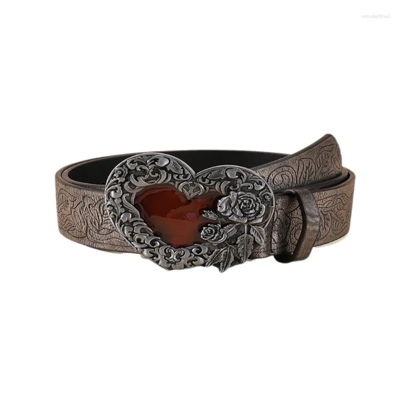Vintage Heart Buckle Embossed Leather Belt With Engraved Flower