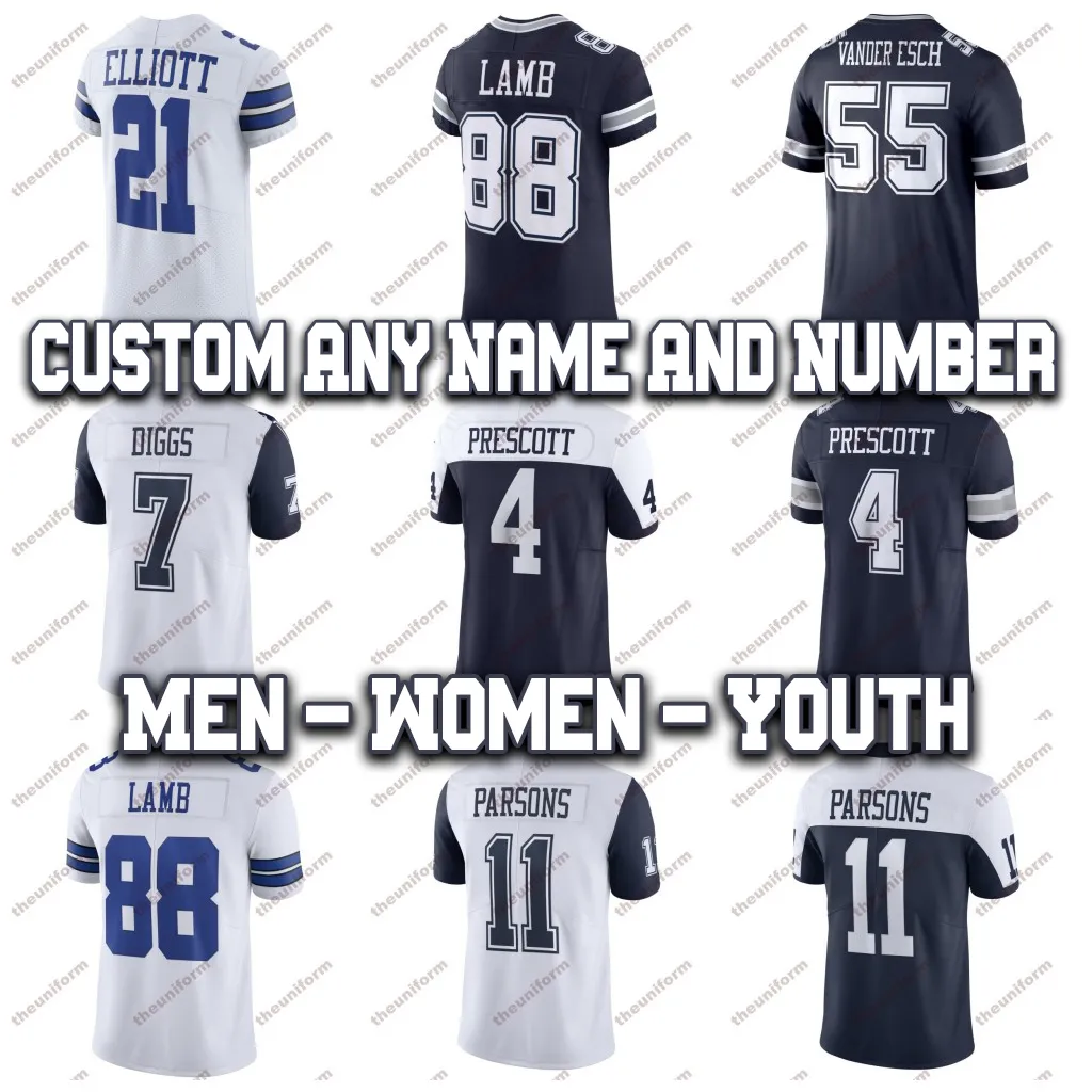 Custom Mens 4 Dak Prescott 21 Ezekiel Elliott American Football Jerseys 11 Micah Parsons 88 CeeDee Lamb 19 Cooper 22 E.Smith Womens Youth Football