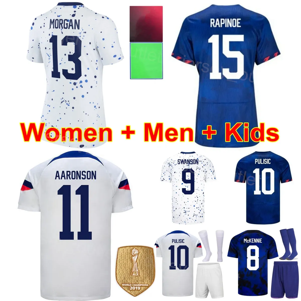 Camisolas de Futebol Selecção Nacional Infantil Masculino 10 PULISIC Feminino 13 MORGAN 15 RAPINOE 11 AARONSON 9 FERREIRA 8 McKENNIE 11 SMITH 20 RODMAN 9 SWANSON Conjuntos de Camisas de Futebol Marinho