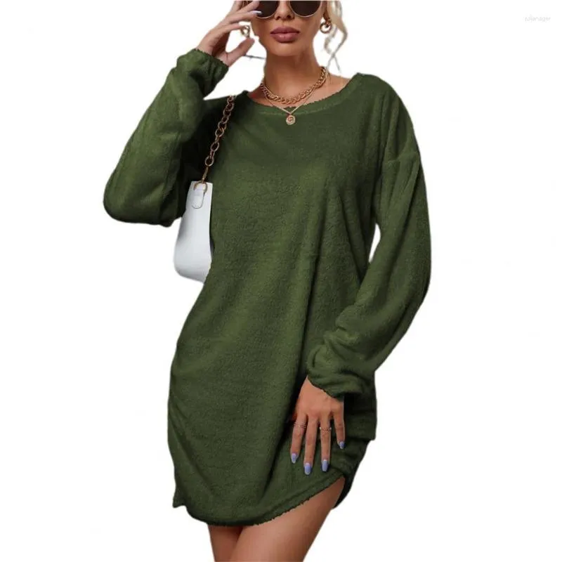 Vestidos casuais escritório vestido de pelúcia cor sólida primavera outono elegante puro para mulheres 2023 uso diário verde exército 3XL