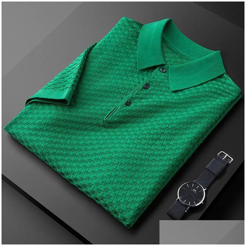 Polos para hombre Mens S Premium Jacquard personalizado Waffle de punto de manga corta de verano de lujo transpirable camiseta de moda coreana Top Dro Dhw6V