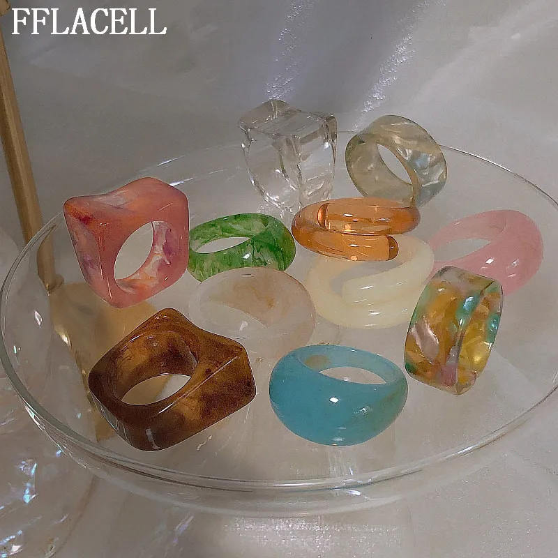 結婚指輪 FFLACELL 夏のファッションアクリル幾何学的な不規則なガラスボール透明樹脂カラフルな女性のためのジュエリーギフト 230710