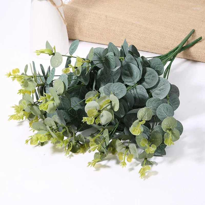 장식용 꽃 16 머리 유칼립투스 잎 실크 인공 배열 나무 식물 꽃다발 잎 화환 홈 디이 장식