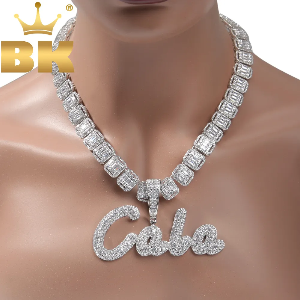 Pendant Necklaces THE BLING KING Custom Brush Script Letter Two Tone Micro Paved CZ Personalized Name Plate Necklace Hiphop Jewelry 230710