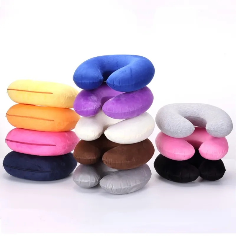 Pillow Travel Office Headrest Ushaped Inflatable Short Plush Cover PVC Support Cushion Neck 9 Colors 230711