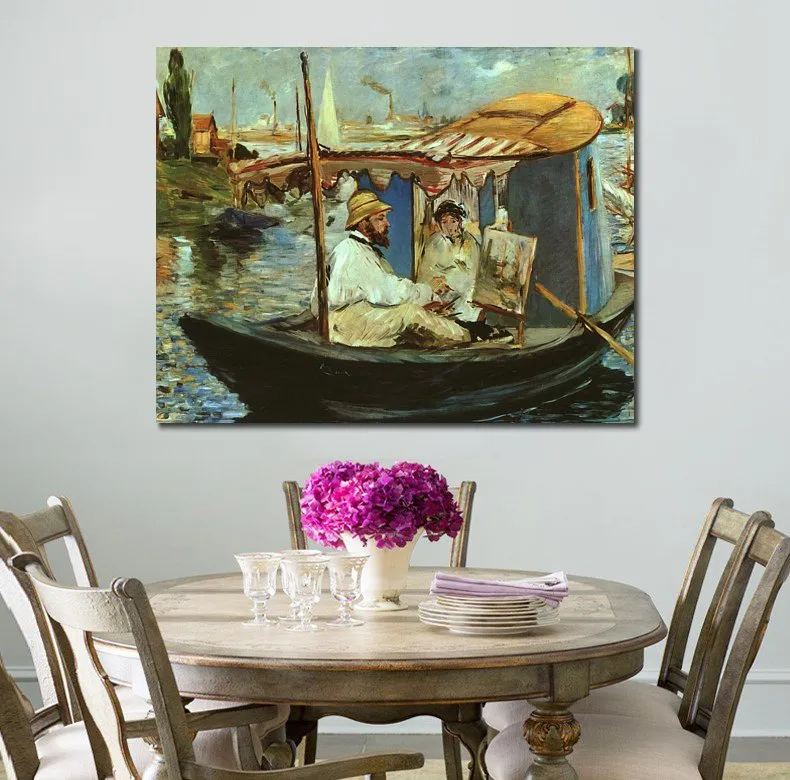 Figurative Kunst auf Leinwand, Monet in seinem Atelierboot, Edouard Manet-Gemälde, handgefertigte moderne Kunstwerke, Küchen- und Raumdekoration