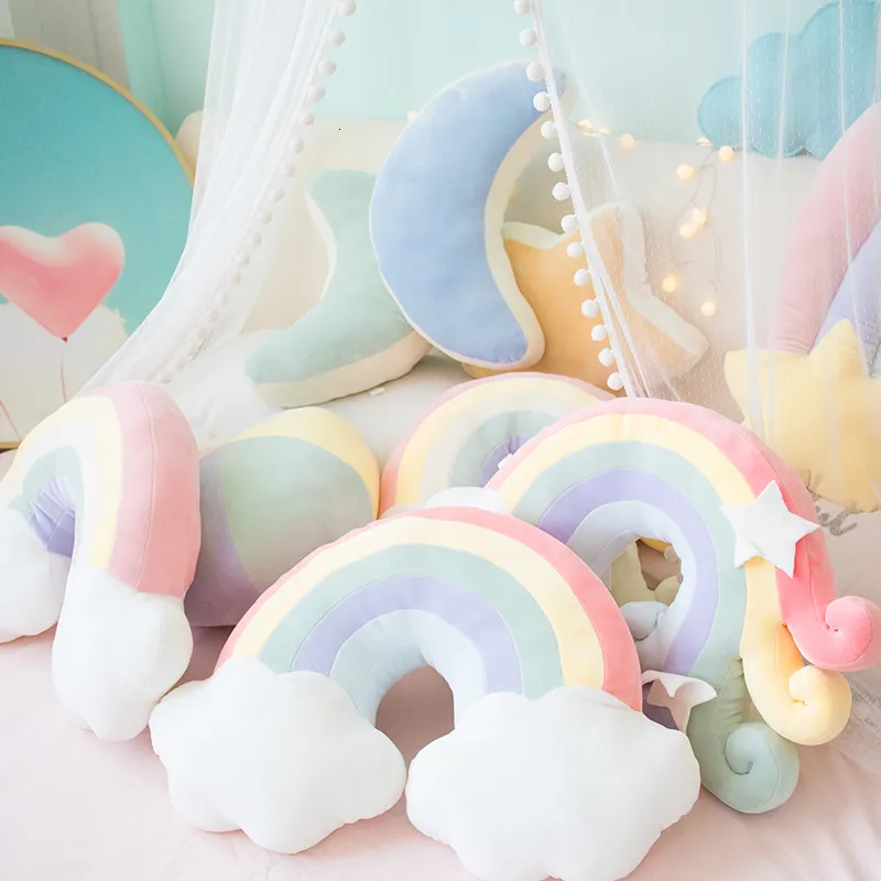 Плюшевые кукол Candy Color Cloud Star Moon Rainbow Pillow круглая форма фаршированная мягкая подушка для шарика Домашнее диван подарок для друга 230711