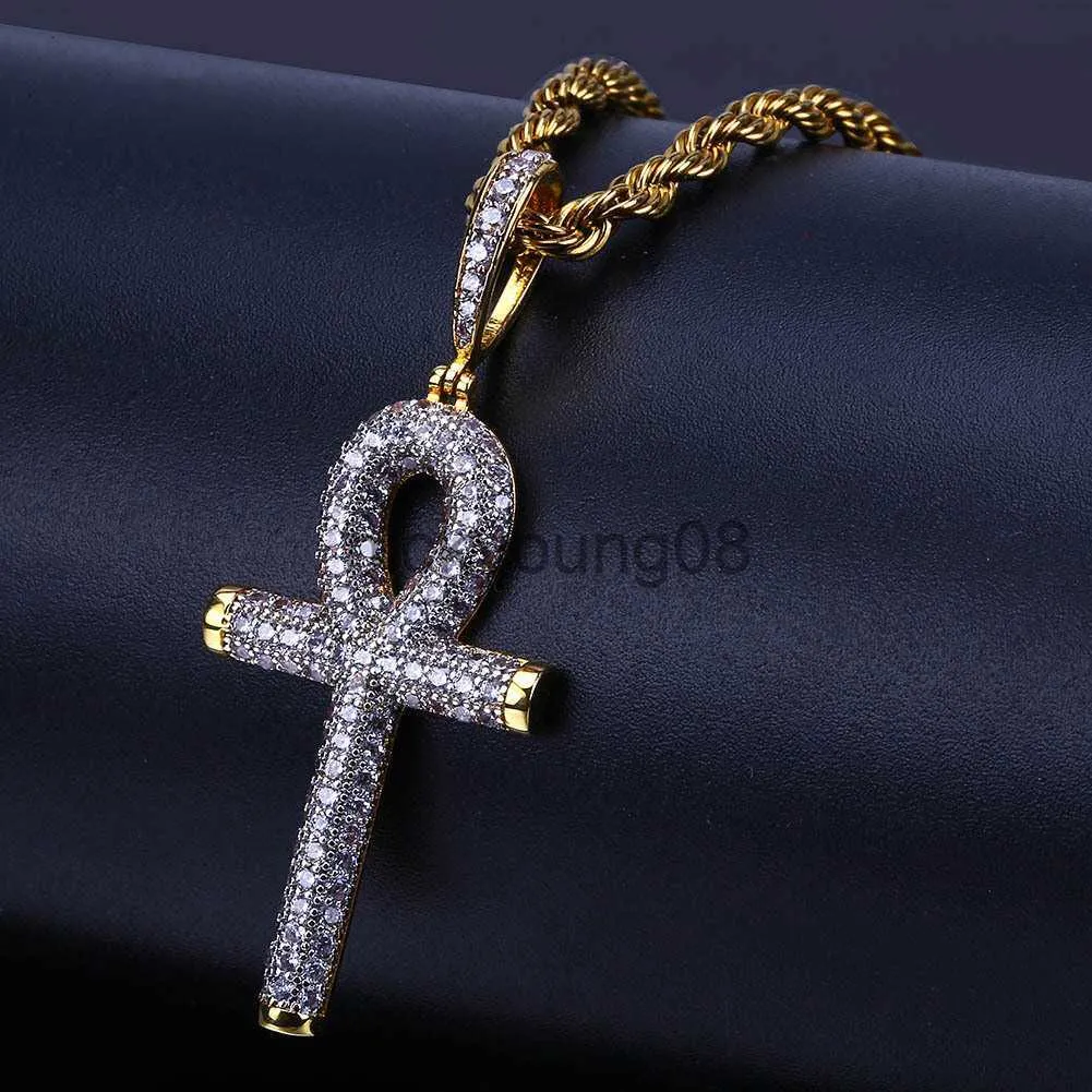 Pendant Necklaces Hip Hop Egyptian Ankh Key Cross Pendant Necklace Iced Out Gold Silver Color Plated Micro Paved Zircon Pendant Necklace x0711