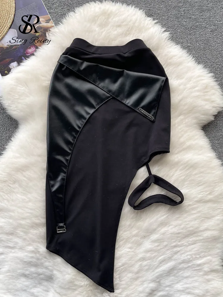 Women s Jumpsuits Rompers SINGREINY Female PU Leather Sexy Skirt Patchwork Elastic Waist Slin Sheath Mini Streetwear Korean Club Sensual Skirts 230711