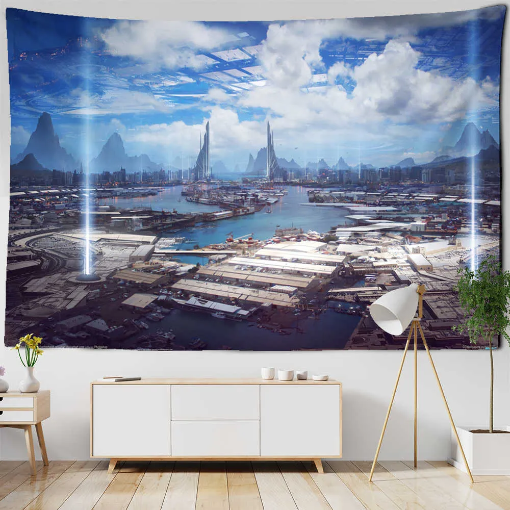 Tapisserier Future Industrial Building Tapestry Wall Hanging Science Mystery Art Bedroom Home Decor Bakgrund Tyg