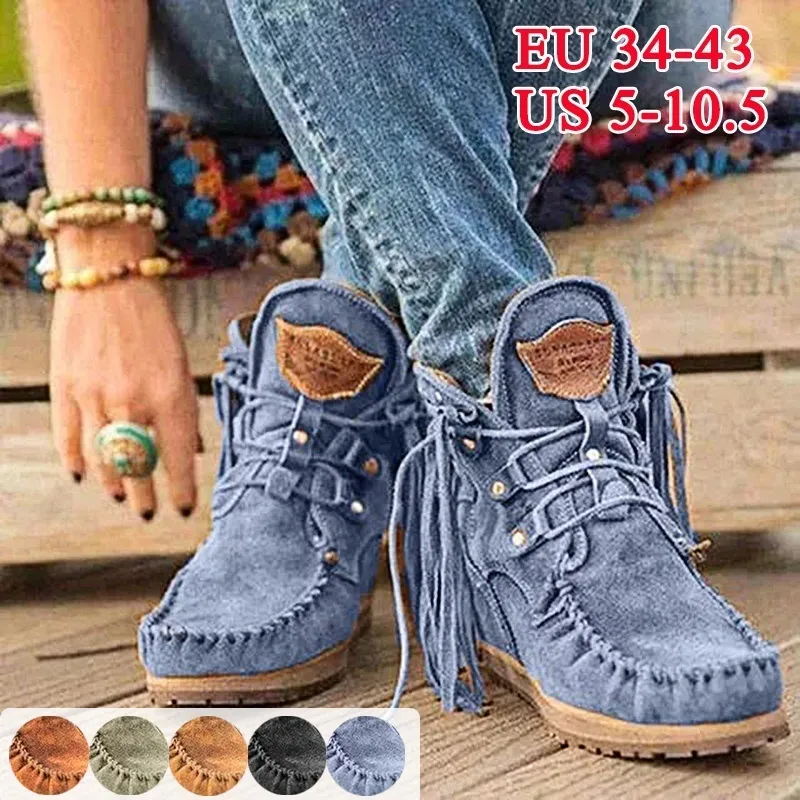 Bottes Femmes Faux Daim Bottes Automne Causal À Lacets Bout Rond Femme Cheville Bottes Vintage Solide Gland Dames Cowboy Bottes Botte Courte 230711