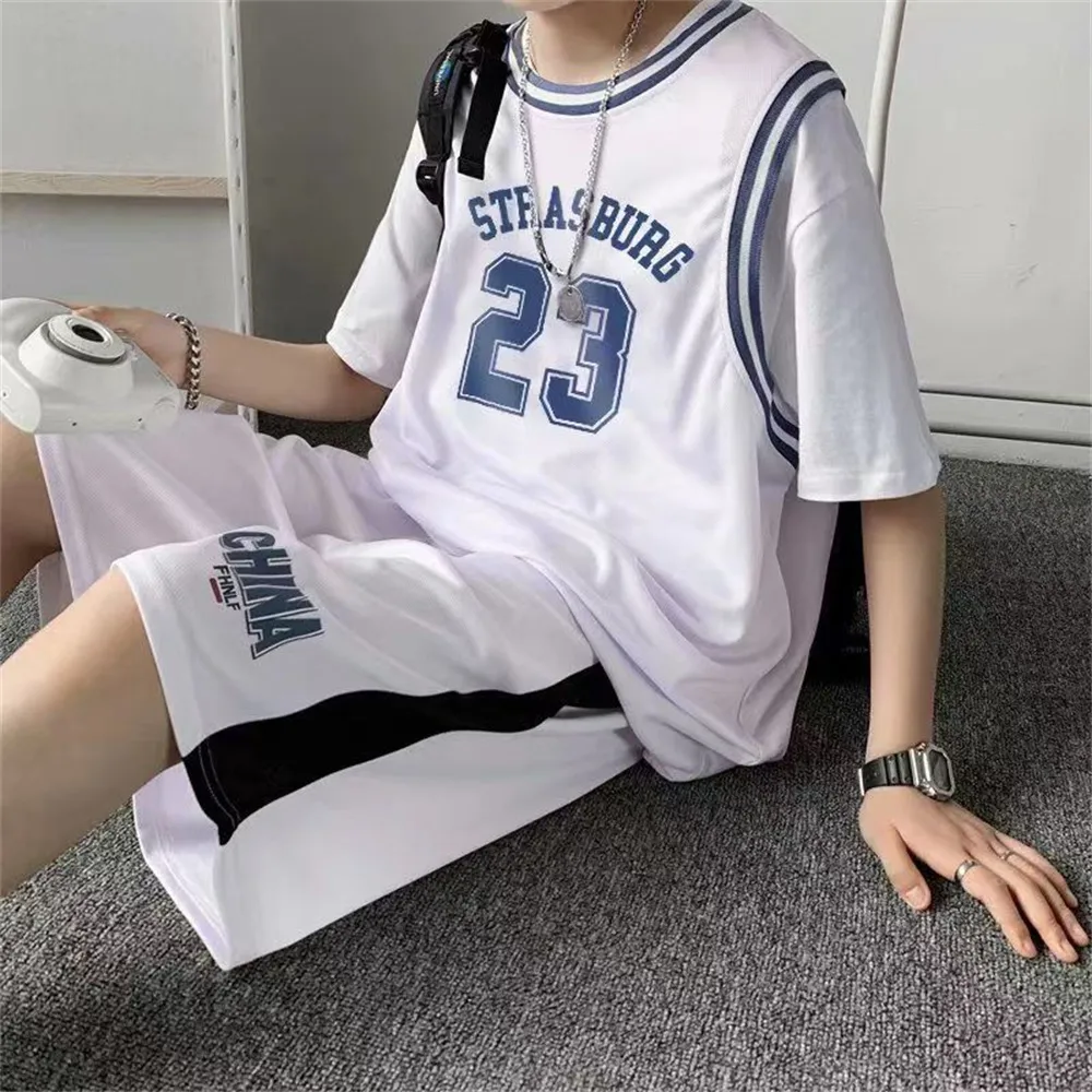 Mens Tracksuits Summer Basketball Uniform Suit For Men Oversized Japan Korean Fashion Loose Sportswear 2 piece Short Sleeve Tshirt Shorts Set 230710